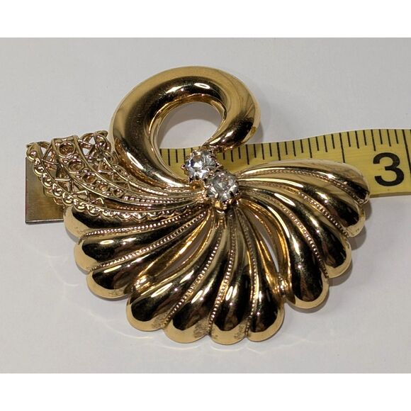 Deco Style Fan Brooch Gold Tone Rhinestones - Picture 4 of 5